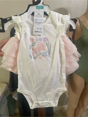 Carter's White One-Piece with Pink Bunny & Pink Tulle Ruffle Skirt